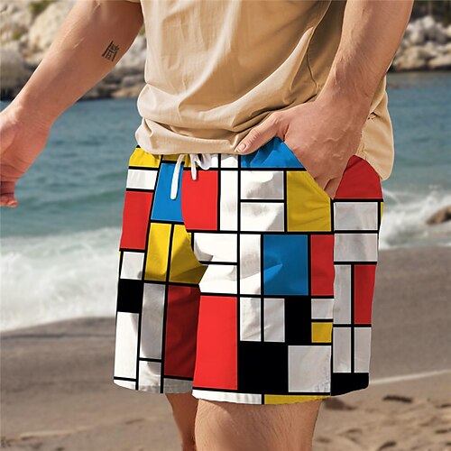 Herren Karomuster Farbblock Badehosen Badeshorts Boardshorts Mittlere Taille Urlaub Hawaiianisch Resort-Stil Urlaub Ferien Strand Kordelzug mit Mesh-Futter Elastischer Bund Designer Bekleidung Image