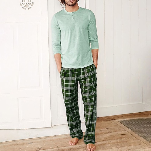 Herren Hausanzug Schlafanzüge Schlafanzug Set Pyjama-Oberteil und Hose 2 Stück Plaid Stilvoll Brautkleider schlicht Komfort Heim Täglich Baumwollmischung Komfort Henley Langarm T Shirt Hose Kordelzug Image
