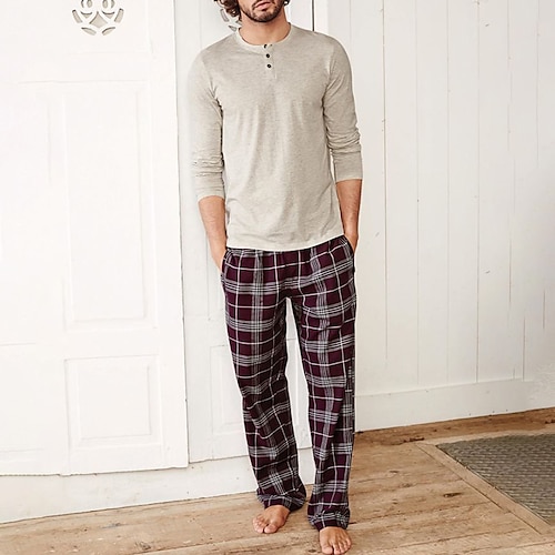 Herren Hausanzug Schlafanzüge Schlafanzug Set Pyjama-Oberteil und Hose 2 Stück Plaid Stilvoll Brautkleider schlicht Komfort Heim Täglich Baumwollmischung Komfort Henley Langarm T Shirt Hose Kordelzug Image