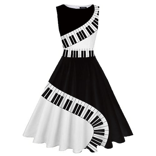 Damen Retro 1950s Vintage-Kleid Midikleid Täglich Verabredung Rüschen Bedruckt Note Rundhalsausschnitt Ärmellos Schlank Sommer Frühling 2023 Schwarz Weiß S M L XL Image