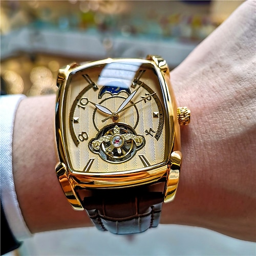 Herren Mechanische Uhr Kreativ Modisch Geschäftlich Armbanduhr Automatikaufzug Mondphasenanzeige leuchtend WASSERDICHT Leder Beobachten Image
