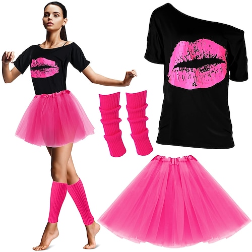 80er-Jahre-Outfits, Kostüme für Damen, 1980er-Jahre-Accessoires, Beinstulpen, T-Shirt mit Lippendruck, Tutu, Halloween-Party, Karneval Schlager Outfit