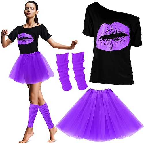80er-Jahre-Outfits, Kostüme für Damen, 1980er-Jahre-Accessoires, Beinstulpen, T-Shirt mit Lippendruck, Tutu, Halloween-Party, Karneval Schlager Outfit Image