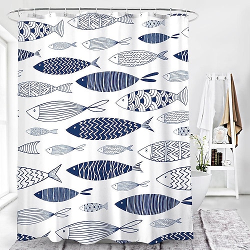 Duschvorhang mit Haken 200 cm hoch duschvorhang waschbar Polyester wasserdicht bunte Fische für Kinder abstrahierte moderne Cartoonmuster Image