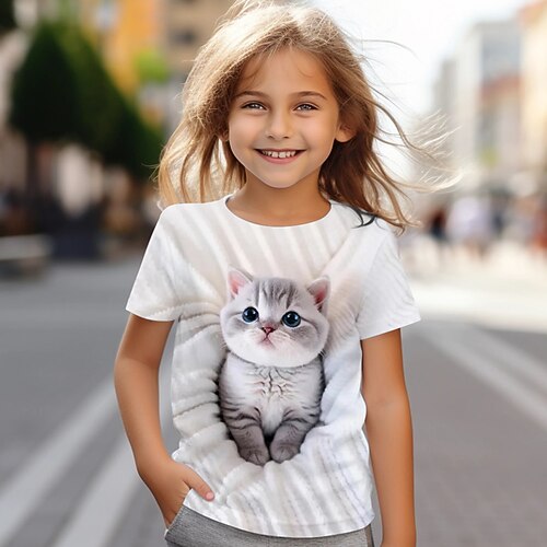 Mädchen 3D Katze T-Shirt Hemden Kurzarm 3D-Druck Sommer Aktiv Modisch Kuschelig kinderkleidung 3-12 Jahre Rundhalsausschnitt Outdoor Casual Täglich Regular Fit Image