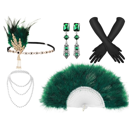 Vintage 1920er Der große Gatsby Flapper-Stirnband Zubehörset Charleston Hochzeitsgast Feder Kostüm Damen Maskerade Hochzeitsempfang Junggesellinnenabschiedsparty Festival Erwachsene Handschuhe Image