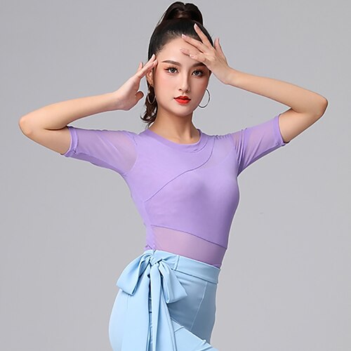 Latein-Tanz Sportkleidung Gymnastikanzug / Einteiler Horizontal gerüscht Pure Farbe Farbaufsatz Damen Leistung Ausbildung Halbe Ärmel Hoch Polyester Image