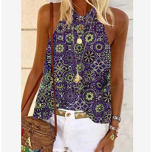 Damen Tank Top Halfter Sommertops Rosa Blau Purpur Graphic Blumen Ärmellos Ethnisch Boho Neckholder S Image