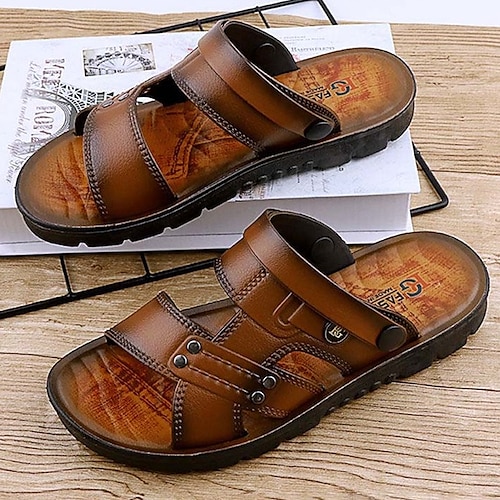 braune Slide-Sandalen für Herren mit Doppelriemen und gepolsterter Sohle – bequemes, lässiges Sommerschuhwerk für draußen und den täglichen Gebrauch Image