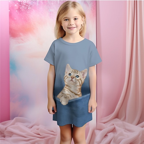Mädchen 3D Katze Pyjamas Nachthemd Kurzarm 3D-Druck Sommer Aktiv Modisch Kuschelig kinderkleidung 3-12 Jahre Rundhalsausschnitt Heim Normal Innen Regular Fit Image