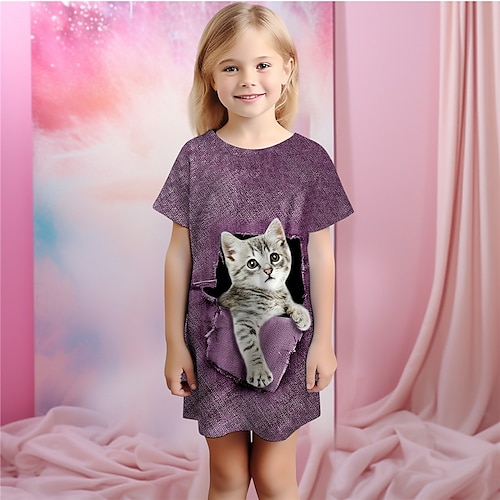 Mädchen 3D Katze Pyjamas Nachthemd Kurzarm 3D-Druck Sommer Aktiv Modisch Kuschelig kinderkleidung 3-12 Jahre Rundhalsausschnitt Heim Normal Innen Regular Fit Image