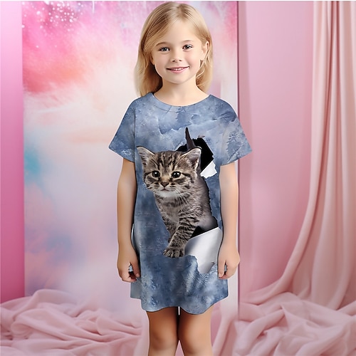 Mädchen 3D Katze Pyjamas Nachthemd Kurzarm 3D-Druck Sommer Aktiv Modisch Kuschelig kinderkleidung 3-12 Jahre Rundhalsausschnitt Heim Normal Innen Regular Fit Image