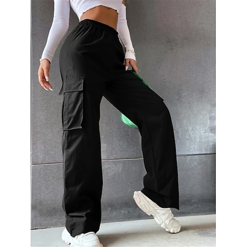Damen Cargo-Hosen Hosen Hose Fallschirmhose Streetwear Lässig Komfort Volle Länge Hohe Taille Einfach Tasche Elastischer Bund Atmungsaktivität Weich Außenbereich Mikroelastisch Lässig Urlaub Image
