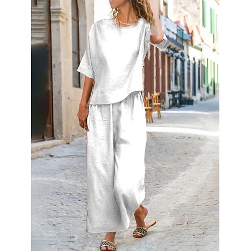 Frauen baumwolle leinen sets zwei stück sets reine farbe heißer casual komfort hause täglichen frühling Image