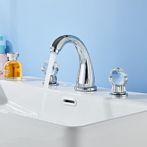 Weit verbreiteter Waschbecken-Mischbatterie, Messing-Waschtischarmaturen, 2 Griffe, 3-Loch-Kristallgriff im Retro-Stil, Waschraumbad mit Warm- und Kaltwasserschlauch Image