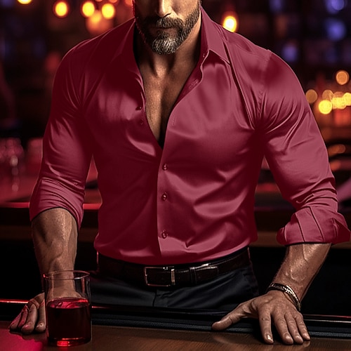 Herren Hemd Satinhemd Freizeithemd Knopfhemd Einfach Hochzeit Urlaub Hellblau Schwarz Weiß Wein Langarm Revers Frühling Herbst Bekleidung Image