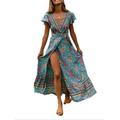 Damen Casual kleid Wickelkleid A Linie Kleid Blumen Bedruckt V Ausschnitt kleid lang Böhmen Boho Urlaub Kurzarm Sommer