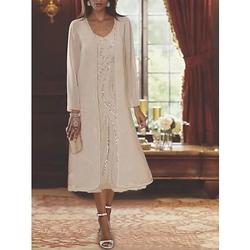 Strandhochzeit Zweiteilig A-Linien Kleid Mutter der Braut Formelle Hochzeitsgast Elegantes V-Ausschnitt Tee Länge Chiffon Spitze Ärmelloses Jacken Kleid mit Perlenbesatz Pailletten kostenlose