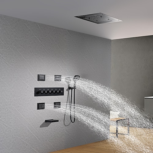 Duscharmatur, Regenduschsystem, Thermostat-Mischventil, Körper, Jet-Massageset – Regendusche, Multi-Spray-Dusche, Wasserfall, zeitgenössische lackierte Oberflächen, Montage im Inneren des Image