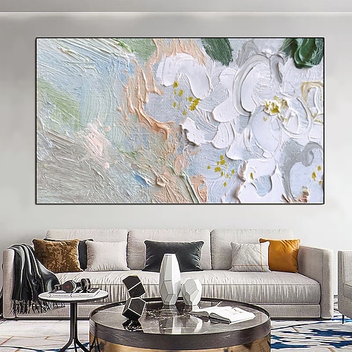 Großes handgemaltes Regenbogenblumen-Ölgemälde auf Leinwand, handgefertigtes buntes Messerkunstgemälde, Schlafzimmer-Wanddekoration, Texturwandkunst, abstraktes blühendes Blumentexturgemälde Image