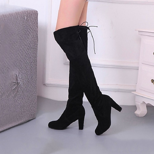 Overknee-Stiefel mit Blockabsatz für Damen – sexy Overknee-Stiefel aus Wildleder mit Schnürung hinten für Damen, elegantes Schuhwerk für Herbst und Winter zum Ausgehen, für Partys und Streetstyle-Looks