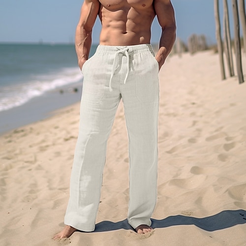 Herren Hose Sommerhose Strandhose Kordelzug Elastischer Bund Gerader Schnitt Einfach Komfort Atmungsaktiv Lässig Täglich Ferien Mode Klassicher Stil Schwarz Weiß Image