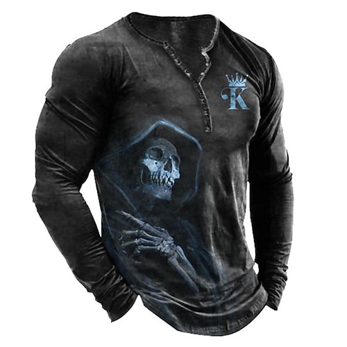 Herren T-Shirt T-Shirt Henley Shirt Tee Graphic Skull Henley Schwarz Weiß Blau Grün Grau 3D Druck Plus Größe Outdoor Täglich Langarm Button-Down Druck Kleidung Designer Stylish Vintage Basic Image