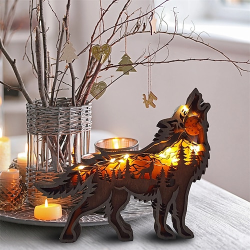 Tierornamente aus Holz LED-Licht 3D-Hohlschnitzerei Home Room Decor Figuren Handwerk Büro Schreibtisch Schlafzimmer Dekoration Zubehör Image