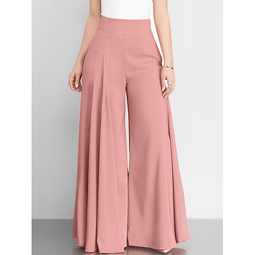 Damen Breites Bein Hosen Hose Modisch Strassenmode In voller Länge Hoher Taillenbund Glatt Tasche Rüschen Butt Lifting Hoher Schnitt Komfort Atmungsaktivität Weich Mikro-elastisch Urlaub Strasse Image