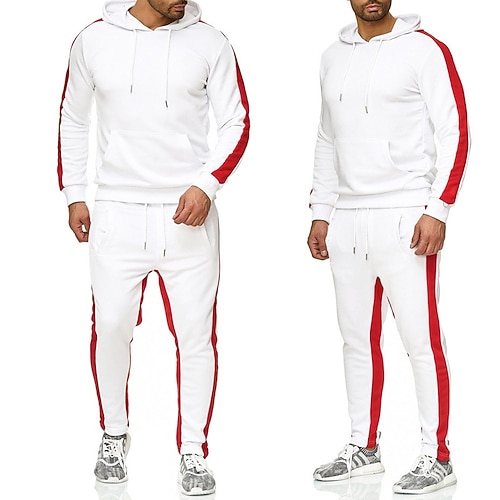 Herren Trainingsanzug Jogginganzug Sportbekleidungsset Hoodie Sweatshirt Kapuze Jogginganzüge Schwarz Weiß Gelb Rote Dunkelgray Mit Kapuze Feste Farbe Streifen Sport Natur Ausgehen Sportbekleidung