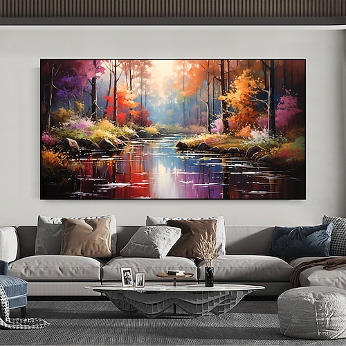 Handgefertigtes Original-Ölgemälde mit Flusslandschaft auf Leinwand, goldenes Waldkunstgemälde für die Inneneinrichtung mit gespanntem Rahmen/ohne Innenrahmen Image
