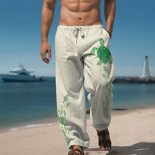 Herren Tiermotiv Schildkröte Leinenhosen Hosen Hose Baggy-Hosen Mittlere Taille Hawaiianisch Lässig Outdoor Alltagskleidung Streetwear Elastisches Kordelzugdesign Herbst Winter Weiß Blau Grün Image