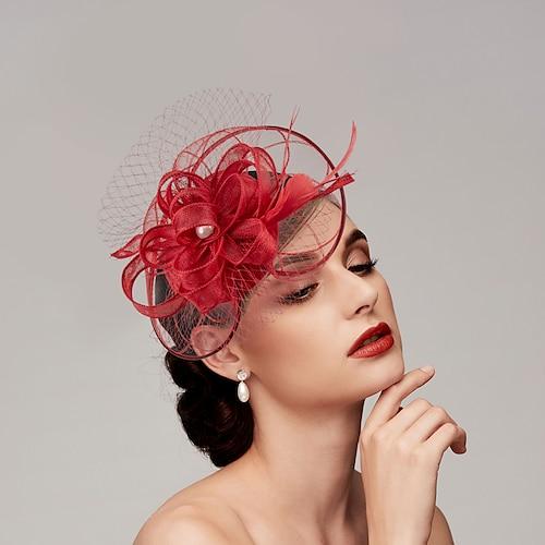 Federn/Netz-Fascinator, Kentucky-Derby-Hut/Kopfbedeckung mit Feder/Mütze/Blume, 1 Stück, Hochzeit/Pferderennen/Damentags-Kopfbedeckung