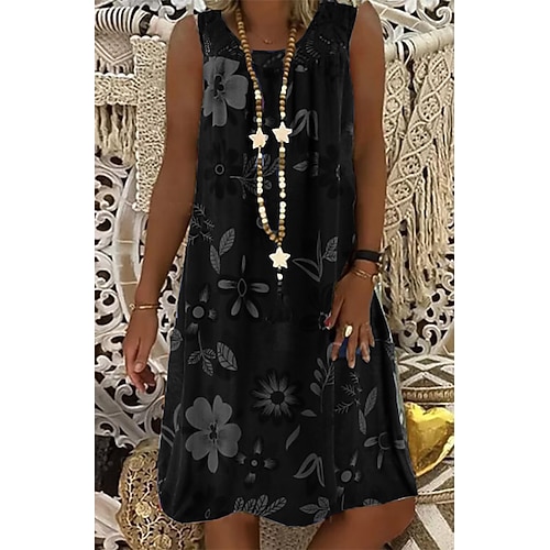 Damen Etuikleid knielang weiß schwarz armeegrün fuchsia marineblau ärmellos floral print frühling sommer rundhals hot casual boho loose 2023 m l xl xxl 3xl 4xl 5xl Image