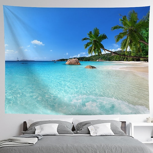 Landschaft Natur großer Wandteppich Art Deco Decke Vorhang Tischdecke Hängend Zuhause Schlafzimmer Wohnzimmer Schlafsaal Strand Serie Kokosnussbaum Blaues Meer Weiße Wolke Blauer Wandtuch XXL Natur Image