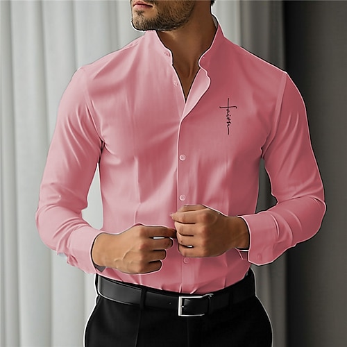 Herren Bedruckte Hemden Glaube Straße Büro-Outfit Weiß Rosa Blau Langarm Stehkragen Frühling Sommer Bekleidung Druck Image