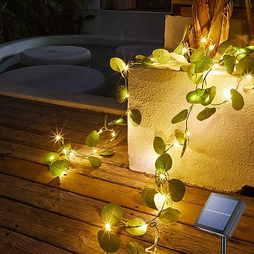 elegante 2 m lange Solar-LED-Lichterkette mit Efeublättern für Hochzeitsfeiern und Empfänge – Warmweiß, 8 Modi, IP65 wasserdichte Hängeleuchten für den Außenbereich für Hof, Zaun, Wand, Heimdekoration Image