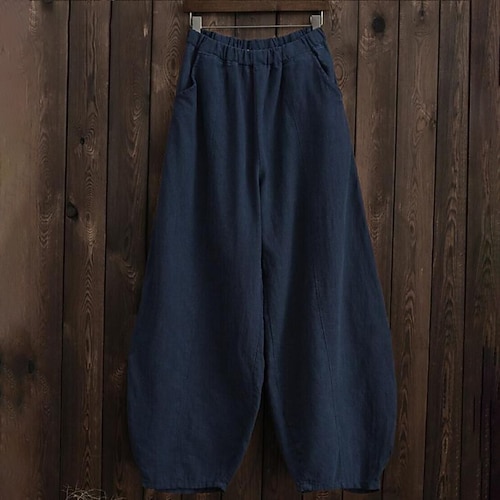 Damen Übergröße Baumwoll Mischung Weites Bein Chinos Lange Unterhosen Urlaub Lässig Lounge Volle Länge Natürliche Taille Einfarbig Tasche Baggy Mikroelastisch Täglich Urlaub Ferien Schwarz Weiß Grün Image