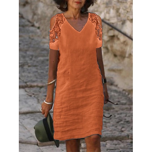 Damen Midikleid Kunstbaumwollleinen Shiftkleid Weißes Kleid Spitzenkleid Basic Lässig Täglich Outdoor Lässiger Schnitt Einfarbig Kurzarm V Ausschnitt Schwarz Weiß Rosa Orange Sommer Frühling Image