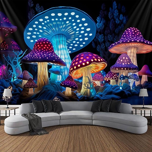 Pilz Fantasy Schwarzlicht Wandteppich Glow in the Dark Glow Party UV reaktiv trippig neblige Natur Landschaft Hängender Wandteppich Wandbild für Wohnzimmer Schlafzimmer Image
