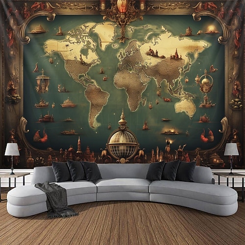 Internationale Karte Vintage hängende Wandteppich Kunst große Wandteppich Wanddekor Foto Hintergrund Decke Vorhang Zuhause Schlafzimmer Wohnzimmer Dekoration Wandtuch XXL Natur Image