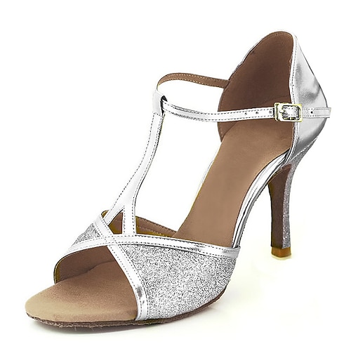 Damen Schuhe für den lateinamerikanischen Tanz Salsa Schuhe Leistung Innen Funkelnde Schuhe Sandalen Glitzer Schnalle T-Riemen Schwarz Rot Silber