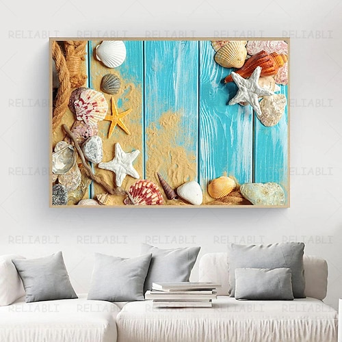 Strand Meereslandschaft Wandkunst Leinwand Malerei Muschel Meer Wandkunst Seesterne Muscheln Wandbilder Poster für Wohnzimmer Schlafzimmer Büro Dekor kein Rahmen