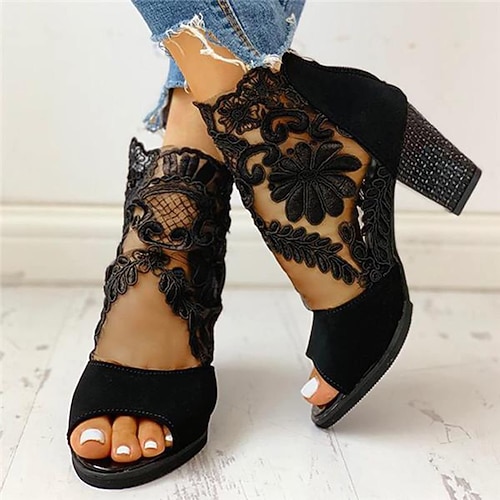 Schwarze High Heel-Sandalen für Damen mit Spitzendetails und offener Spitze für elegante und formelle Kleidung Image
