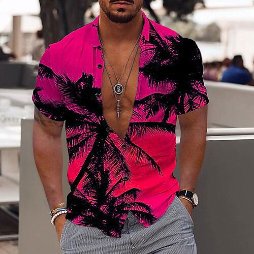 Herren Kokospalme Tropische Pflanzen Hemd Sommer Hawaiihemd Alohahemd Kurzarm Hemd Umlegekragen Mode Designer Lässig Lässig Outdoor Straße Hellgelb Gelb Rosa 3D-Druck S M L Image