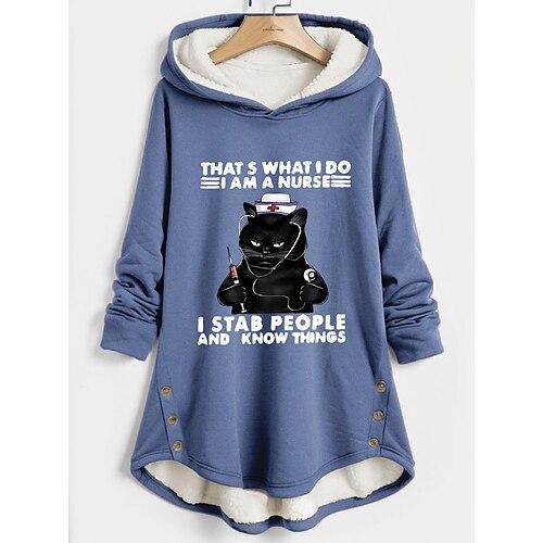 Damen-Kapuzenpullover, Sweatshirt, Pullover, Fleece-gefüttert, Katzen-Buchstaben-Print, lässiger Sport-Print, Sportbekleidung, lustiger Komfort, lockere Passform, Kapuzenpullover, langärmeliges