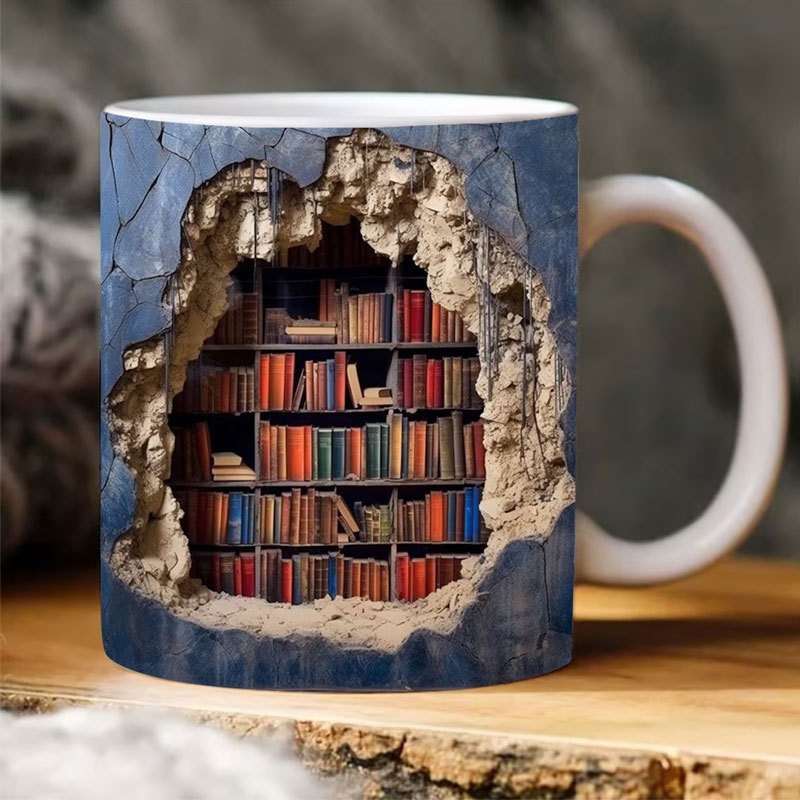 3D Bücherregal Tasse, Keramik Tasse, Bibliothek Bücherregale Loch in einer Wand Tasse, Buchliebhaber Kaffeetasse, coole Büchergeschenke für Leser Weihnachten Weihnachtsgeschenk Image