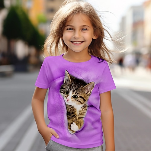 Mädchen 3D Katze T-Shirt Hemden Kurzarm 3D-Druck Sommer Aktiv Modisch Kuschelig kinderkleidung 3-12 Jahre Rundhalsausschnitt Outdoor Casual Täglich Regular Fit Image