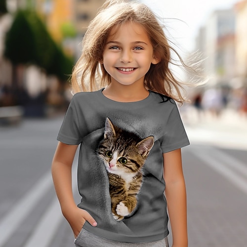 Mädchen 3D Katze T-Shirt Hemden Kurzarm 3D-Druck Sommer Aktiv Modisch Kuschelig kinderkleidung 3-12 Jahre Rundhalsausschnitt Outdoor Casual Täglich Regular Fit Image
