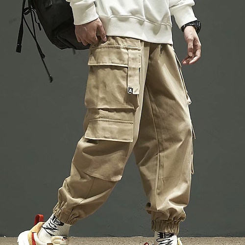 Herren Cargohose Cargohosen Cargohose Jogginghose Jogger Hose Hosen Kordelzug Elastische Taille Multi Pocket Glatt Komfort tragbar Knöchellänge Outdoor Casual Täglich Sport Stilvoll Armeegrün Schwarz Image
